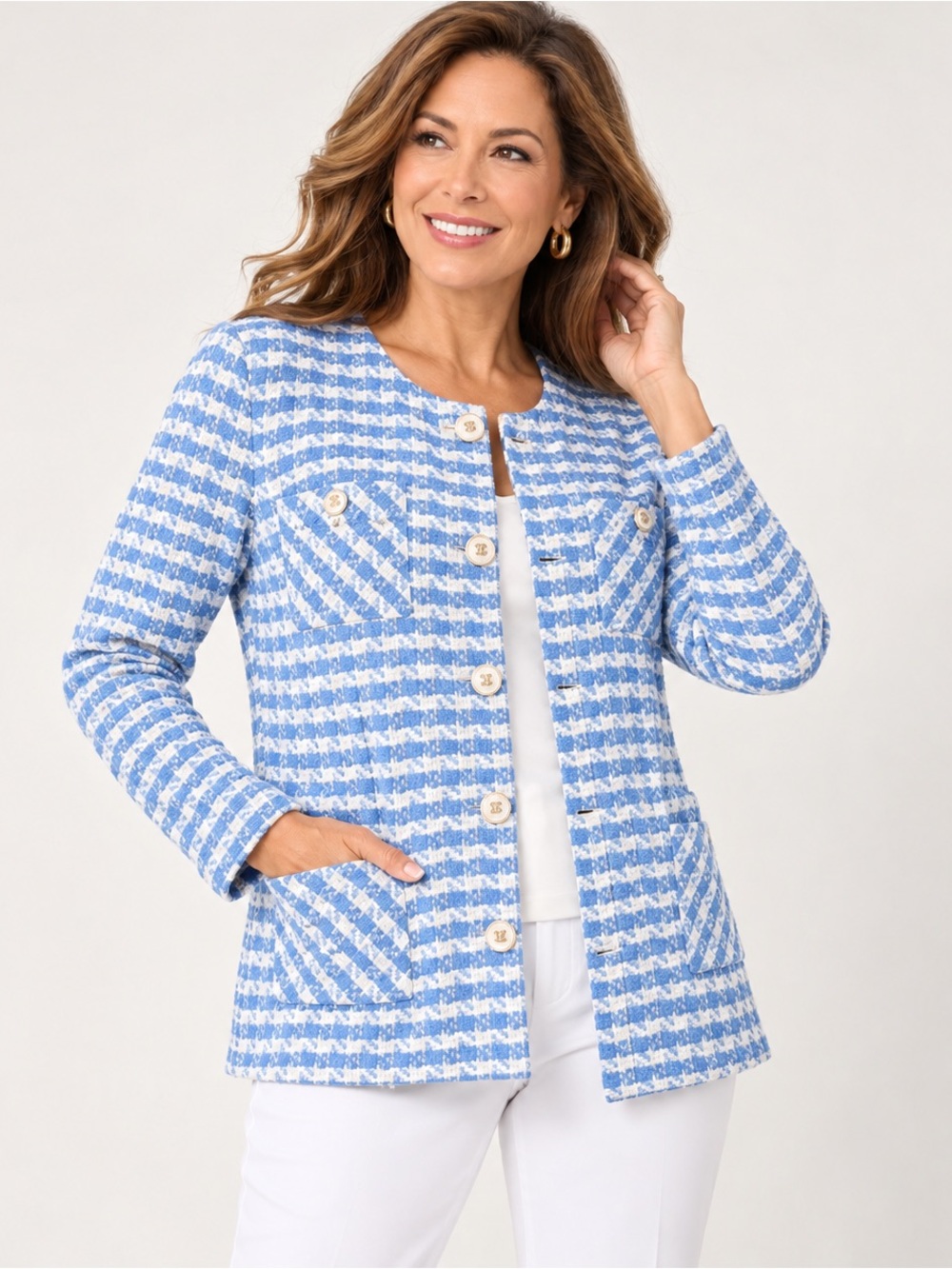Susan Graver Boucle Knit Lady Jacket 1X Plus Blue White Metallic Crest Buttons